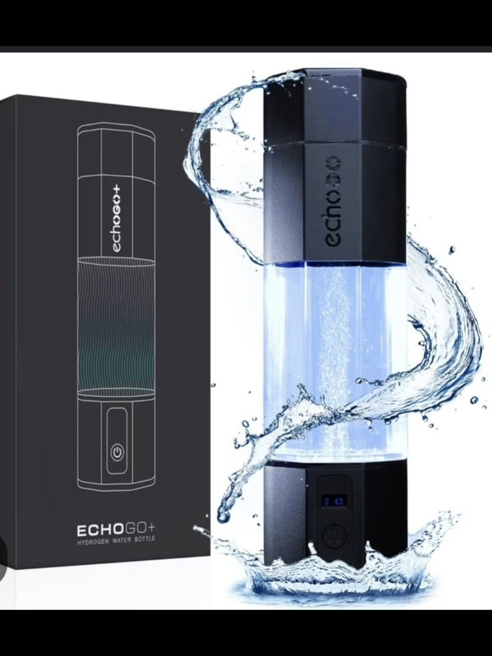 EchoGo+ Black and Clear Hydrogen Water Bottle